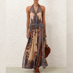 Zimmermann  Blue Cream Indienne Floral Ascension Plunge Halter Maxi